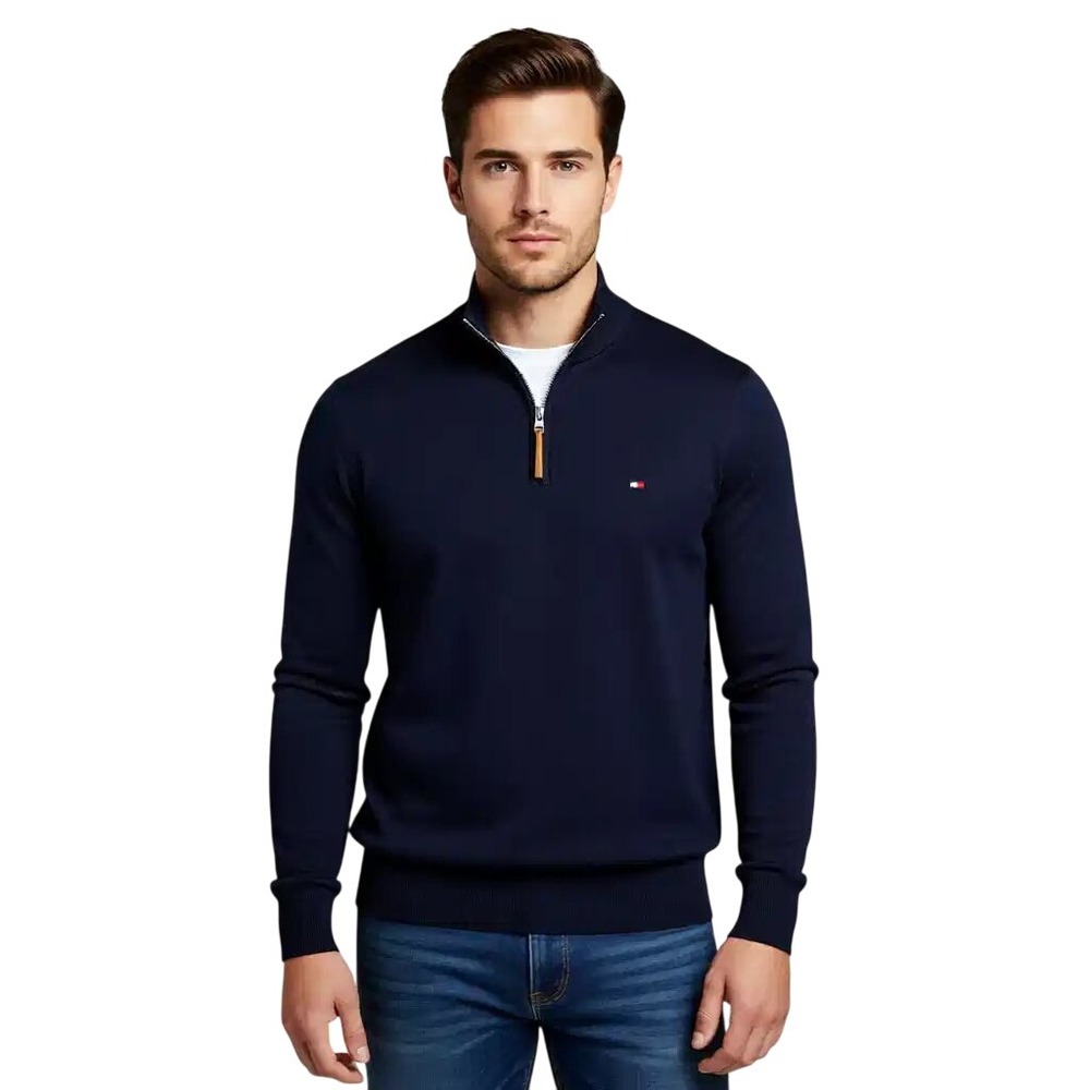 Tommy Hilfiger Mens Quarter Zip Mock Neck Sweater Navy Blue Flag Logo Size M NWT